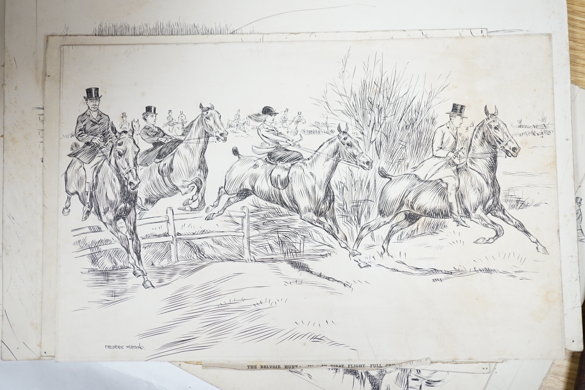 Frederic Whiting (1874-1962), ten original pen and ink drawings, Hunting related subjects including The Belvoir Hunt, signed, largest overall 22 x 31cm, unframed